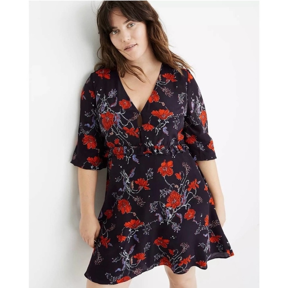 NEW Madewell Silk Ruffle-Waist Dress in Windblown Poppies Sz 14